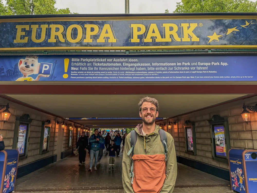 Standing at the entrance to Europa-Park in Rust, Germany