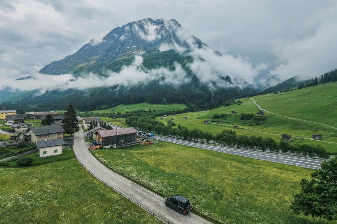 Low cloud hanging over the mountains as we drove south through Switzerland