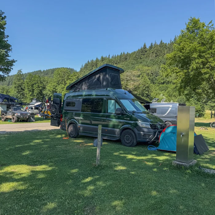 The Offtrax pitched on the grass at Camping Wildbach in Hellenthal